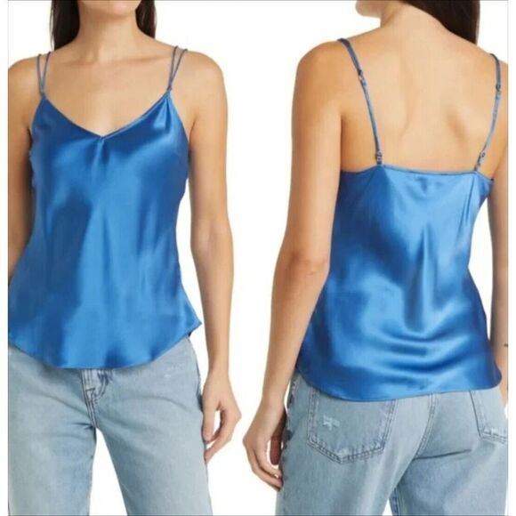 Frame V-Neck Cami Top Womens Large Slate Blue 100% Silk Double Straps Camisole - Picture 1 of 3
